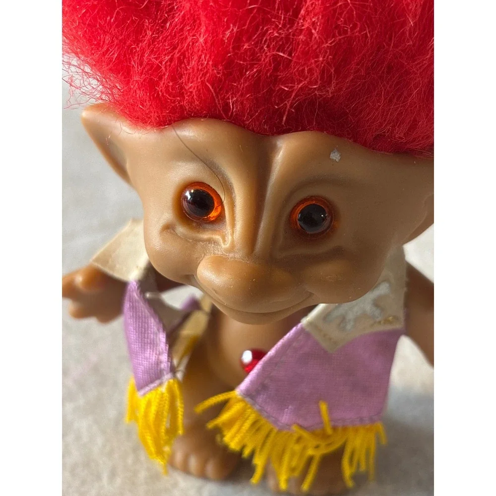 Vintage Ace Novelty Troll Doll Red Hair Brown Skin Purple Vest‎ Gemstone